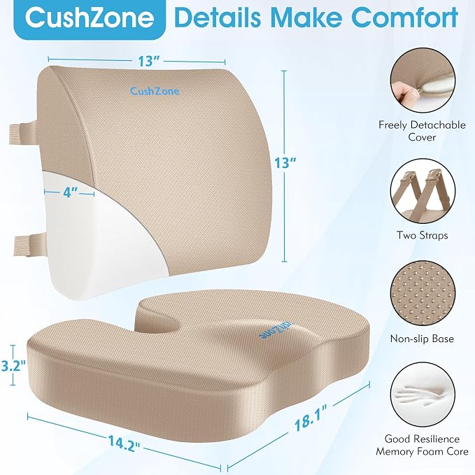 CushZone Seat Cushion and Lumbar Support Pillow for Office Chair, Khaki | Ergonomic Memory Foam for Sciatica Pain Relief & Posture Correction, Non-Slip Chair Cushions for Car, Wheelchair and Travel - Image 4