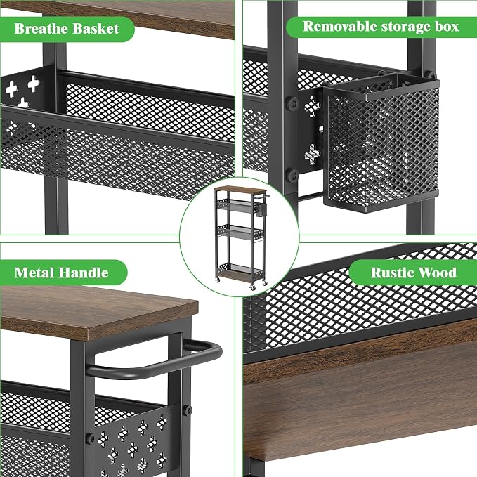 4 Tier Slim Rolling Storage Cart Laundry Room Organzier with Wheels | Small metal bathroom cart，kitchen organizer, trolley with handle and mesh basket, 7.1 inch width for narrow space, black - Image 7