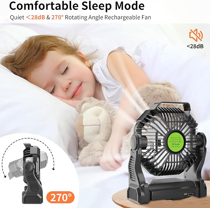 Rechargeable Portable Camping Fan for Tent with LED Light, 20000mAh USB Personal Battery Powered Fan Outdoor Camping Essentials Battery Operated Portable for Travel Beach Essentials X23 Black - Image 5