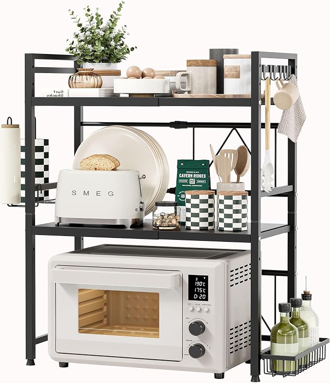 3 Tier Expandable Microwave Stand countertop,Microwave Oven Rack | microwave shelf, storage shelf for pans &appliances,with Paper Towel Holder and Baskets，55 Lbs load Per Tier,Black by NETELOfficial