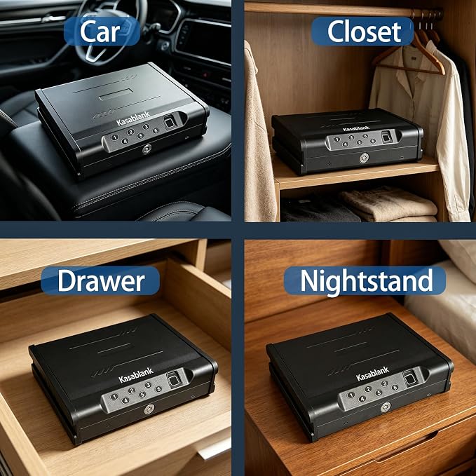 Biometric Fingerprint Handgun Safe, Small Nightstand Gun Lock Box with 3 Access Modes, 0.1s Quick Fingerprint Unlock & Voice Prompt, Heavy Steel Pistol Storage Box for Bedroom Home and Vehicle Use - Image 6