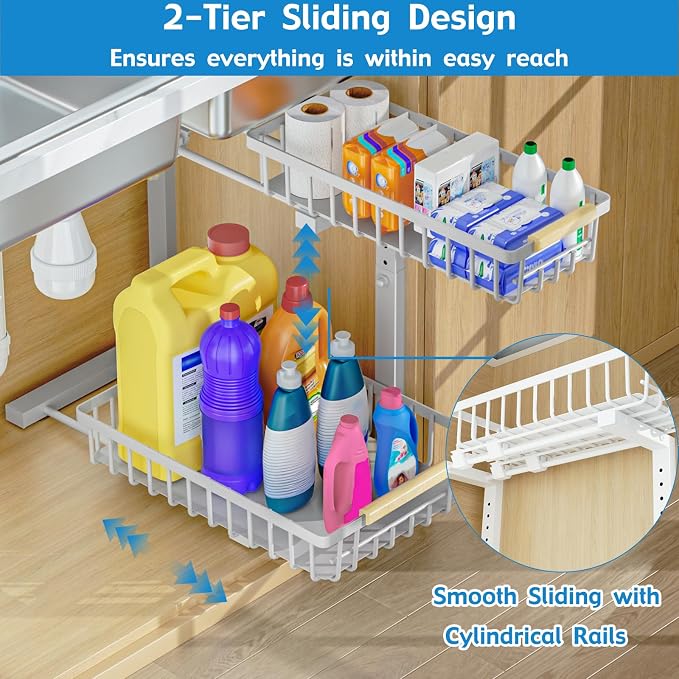 2Pcs Under Sink Organizer, Adjustable Under Sink Organizers and Storage, 2-Tier Pull Out Under Kitchen Sink Organizer, Sliding Out Metal Under Bathroom Sink Organizer for Kitchen Pantry White - Image 4