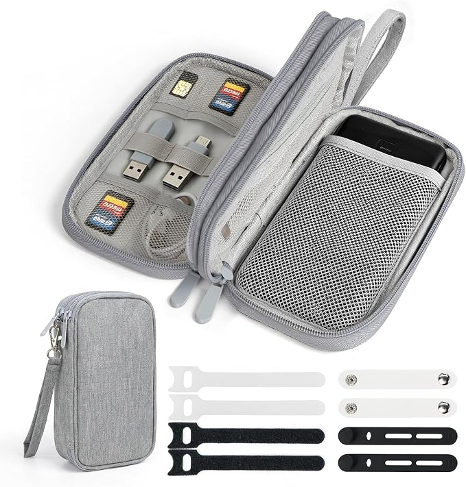 Double Layer Electronics Organizer Tech Pouch for Chargers, Gray | Water-resistant Oxford fabric, 8 compartments for 3ft+ cords and compact 7.87x4.72x1.97in design. Includes 8 cable ties. by Woyinger