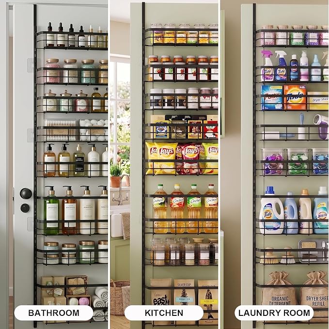 Over The Door Pantry Organizer, 8 Tier Adjustable Pantry Door Organization and Storage, Door Mounted Spice Organizer with Hooks for Pantry Kitchen Essentials, Black - Image 6