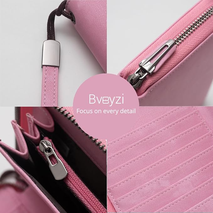 Bveyzi Women RFID Blocking Wallet Leather Zip Around Phone Clutch Large Capacity Ladies Travel Purse Wristlet - Image 3