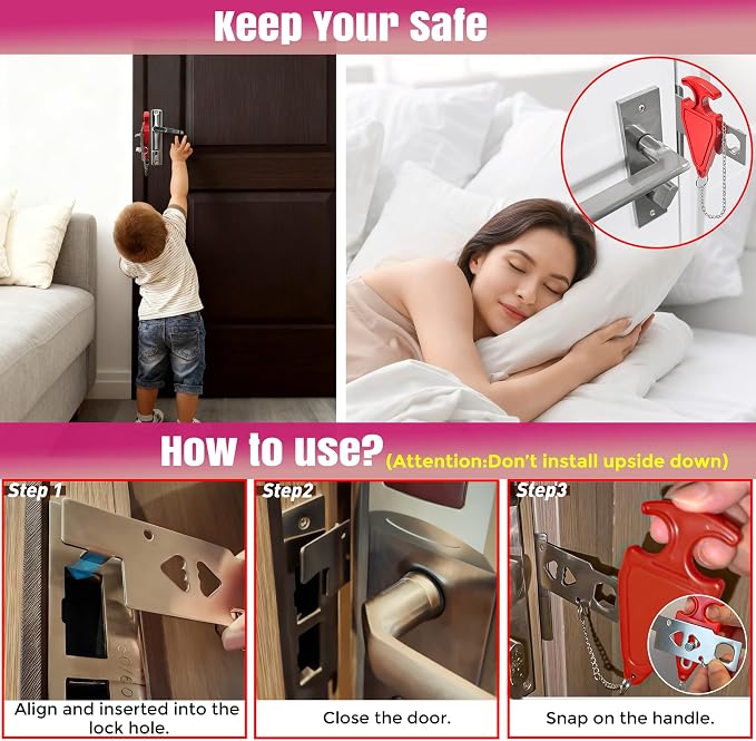 Portable Door Lock, Travel Door Lock for Hotel, Apartment, Dorm & Home – Extra Security Door Stoppers, Hotel Safety Devices for Travel Privacy Protection 3PK Red - Image 2