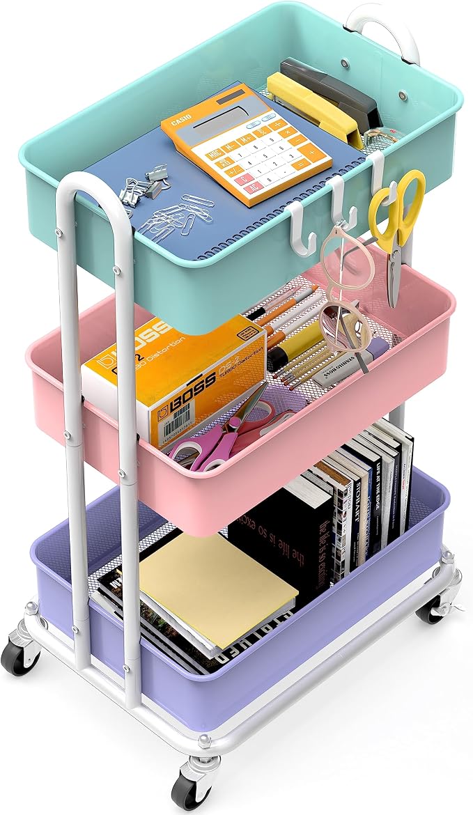 Simple Houseware 3-Tier Heavy Duty Metal Utility Rolling Cart, Multicolor - Image 3