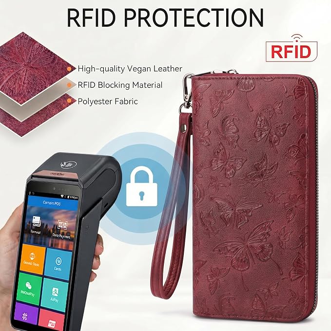 BELTANA Wallet Women RFID Blocking Large Capacity Wristlet Wallets for Women Butterfly Embossed Vegan Leather Clutch Purses with Card & Passport Holder (Red-Butterfly) - Image 4