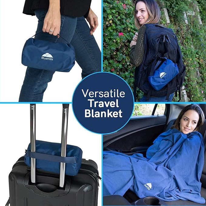 BlueHills Ultra Compact 2 Pack Travel Blanket Pillow Airplane - Navy Blue | Travel Set Blanket/Pillows 70 X56, Matching Pillowcase, Luggage Strap & Carabiner, Compact & Packable, Traveling Essentials - Image 9
