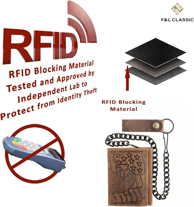 F&L CLASSIC RFID Blocking Men's Tri-fold Vintage Biker Cowhide Leather Steel Chain Wallet,Snap closure, brown,eagle flag,315-101 - Image 7