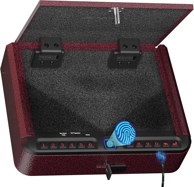 BILLCONCH Smart Gun Safe for Handgun with Fingerprint, App & Security Cable | Biometric Gun Safe 4 Ways Quick Access Built-in LED Light, Ideal Handgun Safe for Nightstand and Home - Burgundy Red by BILLCONCHSmartGunSafes
