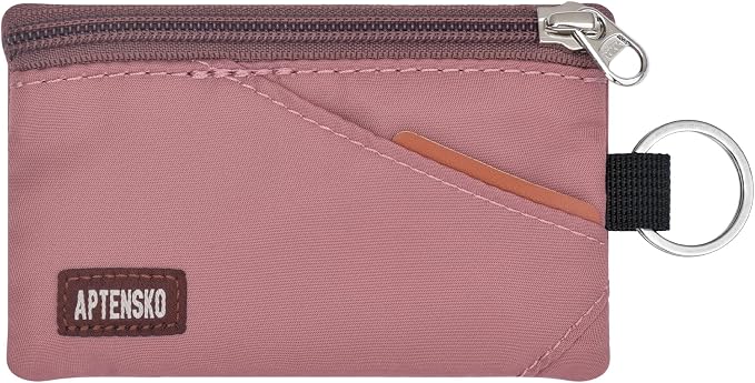 RFID Blocking Travel Wallet with Adjustable Lanyard, Small Nylon Zipper Pouch and Badge Holder for ID, Credit Cards, Cash, Keys, Commuters (Warm Mauve) by APTENSKO