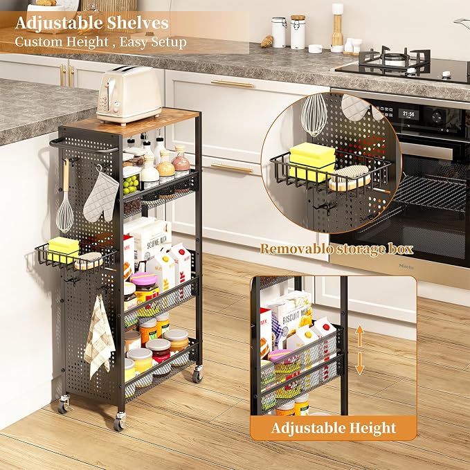 Slim Storage Rolling Cart: 4-Tier Narrow Metal & Wood Utility Cart with Wheels for Kitchen/Laundry/Bathroom(Black) - Image 6