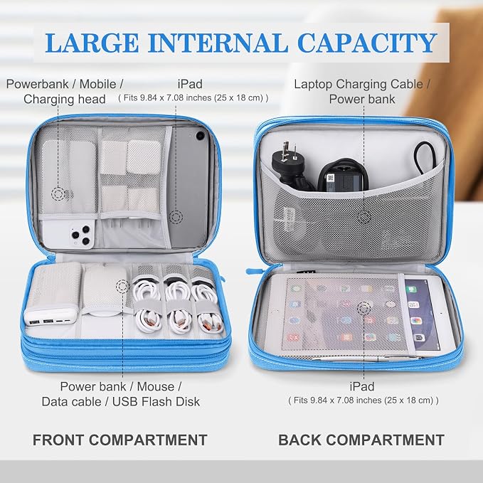 FYY Electronic Organizer, Travel Tech Pouch Bag, Extra Large, Cyan | Wrist Strap, Waterproof, Double Layers Electronics Travel Case for iPad, Cord, Laptop Charger, Daily and Business Trips Use - Image 3