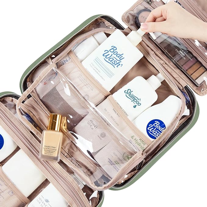 NISHEL Travel Toiletry Bag for women, Portable Hanging makeup Organizer | for Travel-Sized Shampoo, Conditioner, Brushes Set, makeup Accessories, Medium Size, Large Size, Bronze Green - Image 5