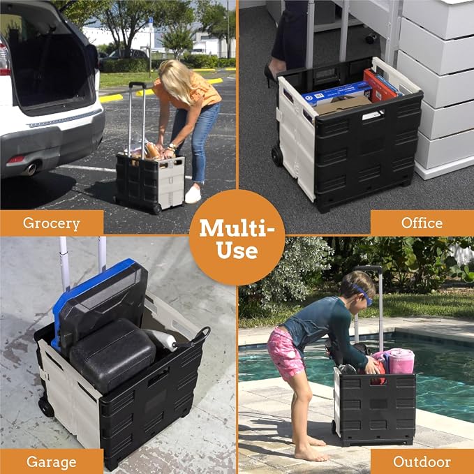 Inspired Living Ultra-Slim Rolling Collapsible Storage Pack-N-Roll Utility-carts, with Telescopic Handle, for Home, Garden, Shopping, Office, School use, Medium, White & Black - Image 8