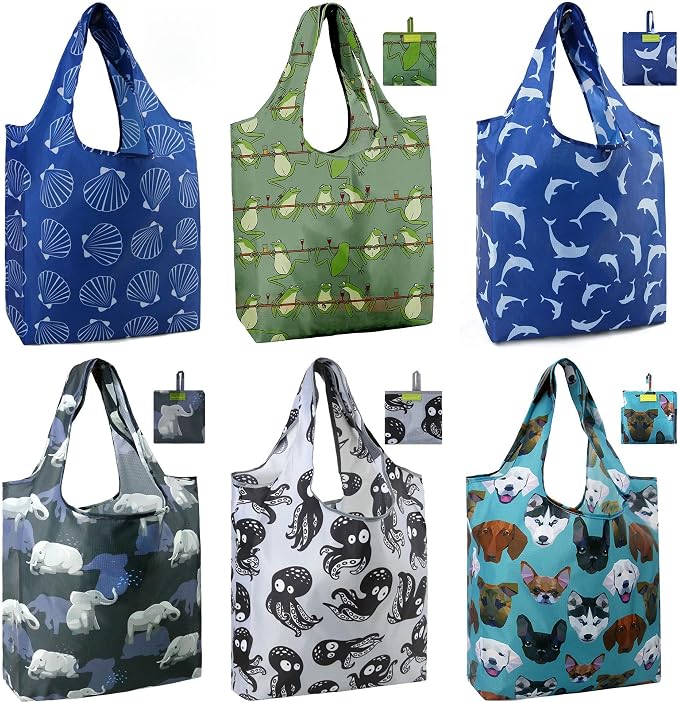 BeeGreen Animal Reusable Shopping Bags Cute Grocery Bag 6 Pack, Christmas Gift Bags Heavy-Duty Foldable Shopping Totes for Supermarket, Work & Travel, Large Washable Polyester Tote Bag with Handles by BeeGreen