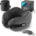 Neck Pillow Travel Pillow - 100% Pure Memory Foam Airplane Pillow with Adjustable Clasp & Removable Cover, Portable Travel Essentials for Long Flights, Car & Office (Dark Gray, with Eye Mask) by PEUJEW