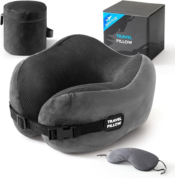 Neck Pillow Travel Pillow - 100% Pure Memory Foam Airplane Pillow with Adjustable Clasp & Removable Cover, Portable Travel Essentials for Long Flights, Car & Office (Dark Gray, with Eye Mask) by PEUJEW