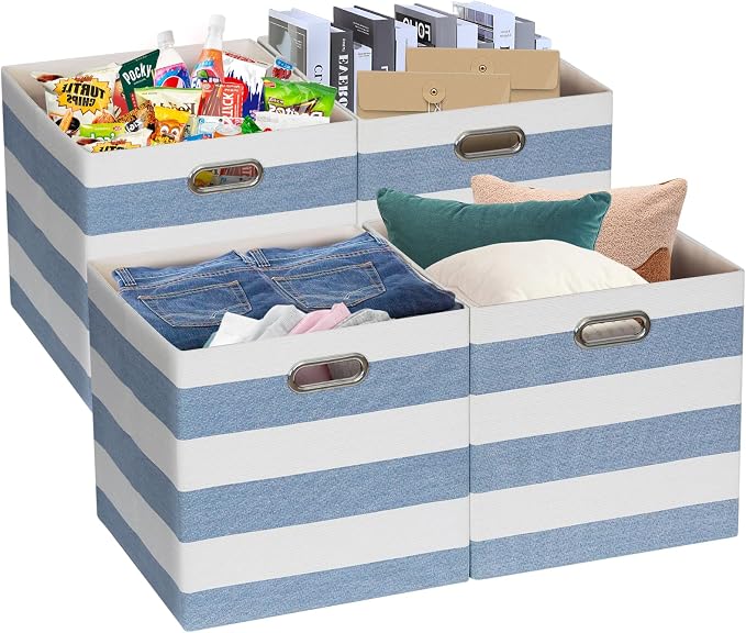 Posprica Storage Basket Bins,11×11 Collapsible Storage Cubes Fabric Drawers for Nurseries,Offices,Closets,Home Décor (Set of 4, Blue-white Striped) by Posprica