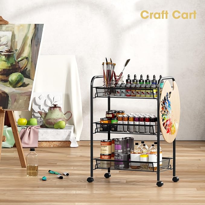 TOOLF 3 Tier Rolling Cart, Metal Utility Storage Cart with Wheels, Black | 3 Hooks, Screwless Assembly, Trolley Organizer for Bathroom, Kitchen, Office, Nursery, Dorm, Laundry Room - Image 7