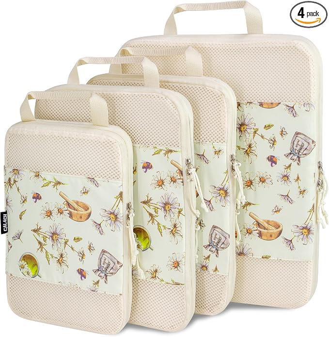 Compression Packing Cubes for Travel Essential, 4 Set Compression Bags for Travel Packing Organizer, Expandable Compression Cubes for Travel, Standard, Herbal by CALACH