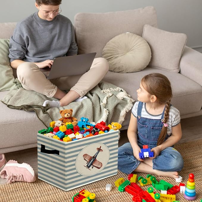 Rustic Airplane Storage Bins Boxes with Handles | toys books clothes, blue striped nursery foldable basket for organizing bedroom toddler room playroom - Image 4