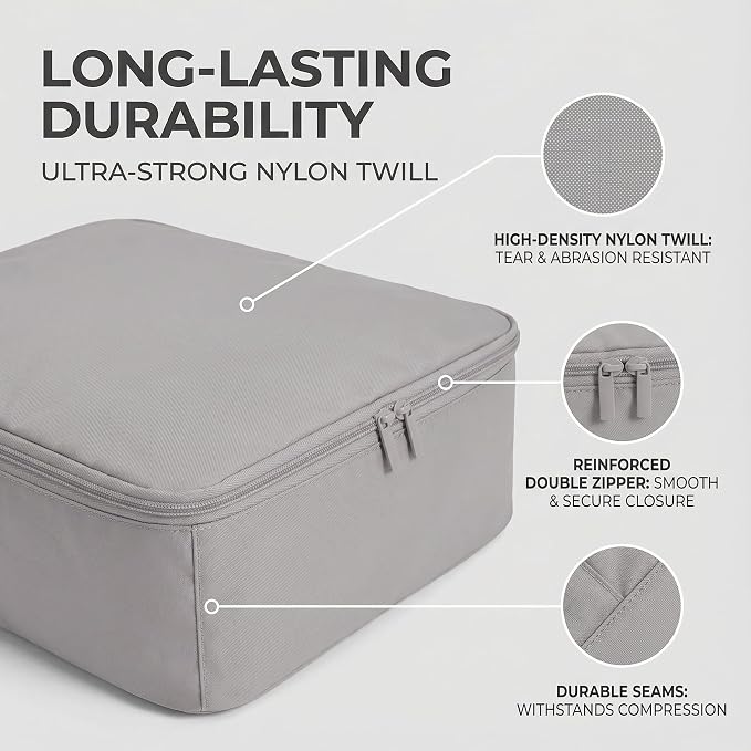 6 Set Compression Packing Cubes for 7–14 Day Travel, Misty Silver | Nylon Oxford Fabric, Full Breathable Mesh, Reinforced Double-Zipper, Small to Large Size Bag, Expandable Packing System - Image 3