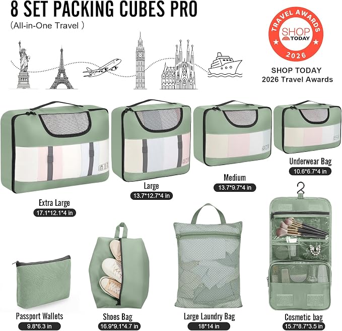 Veken 8 Set Packing Cubes for Travel Essentials,Anti-Wrinkle Buckled Suitcase Organizer for Shoe & Toiletry Bag,Carry On Luggage Bag with 99+ Count Mesh Holes for Airplane & College Dorm Accessories - Image 2