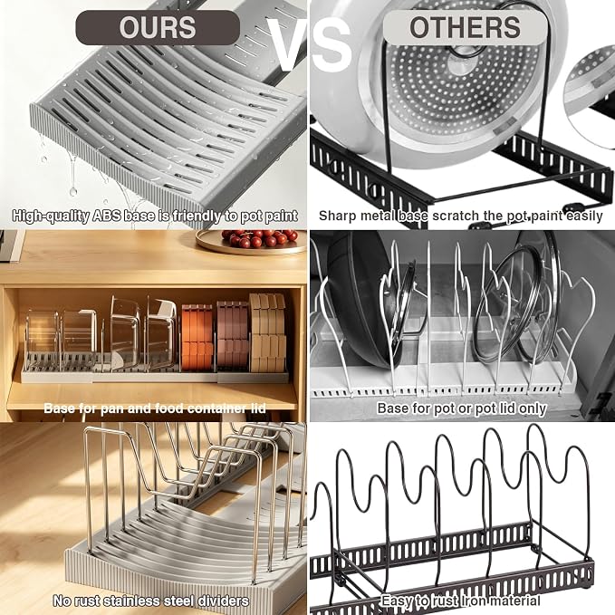 Magheo 2 Pack Pots and Pans Organizer Under Cabinet, Expandable 12.6"-22.8" Kitchen Cabinet Organizer Holder with 10 Adjustable Dividers for Food Storage Container Lid, Cookie Sheet, Cookware(Gray) - Image 7