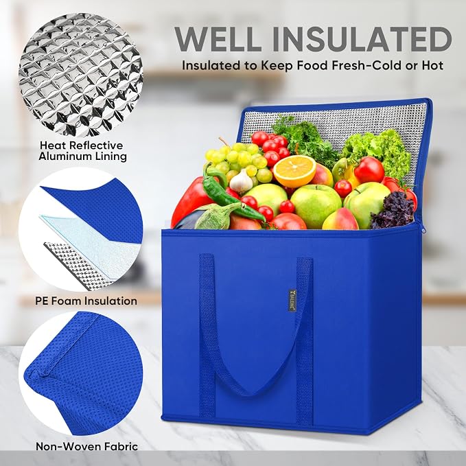 BALEINE 1Pk Insulated Reusable Grocery Bags, Collapsible Cooler Bag for Groceries, Heavy Duty Large Insulated Bag (16''x9''x13'', Midnight Blue) - Image 3