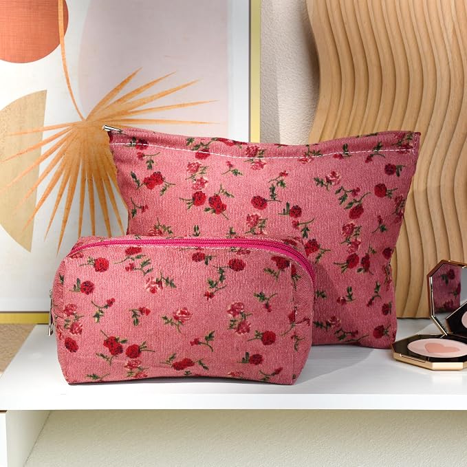 SOIDRAM 2 Pieces Rose Makeup Bag Large Cosmetic Bag Capacity Canvas Mix Travel Toiletry Bag Organizer Cute Makeup Brushes Aesthetic Accessories Storage Bag for Women, Rose Mix Green Red - Image 6