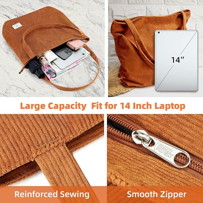 KALIDI Women Corduroy Tote Bag Zipper Casual Tote's Handbag Big Capacity Shoulder Bag with Pockets - Image 10