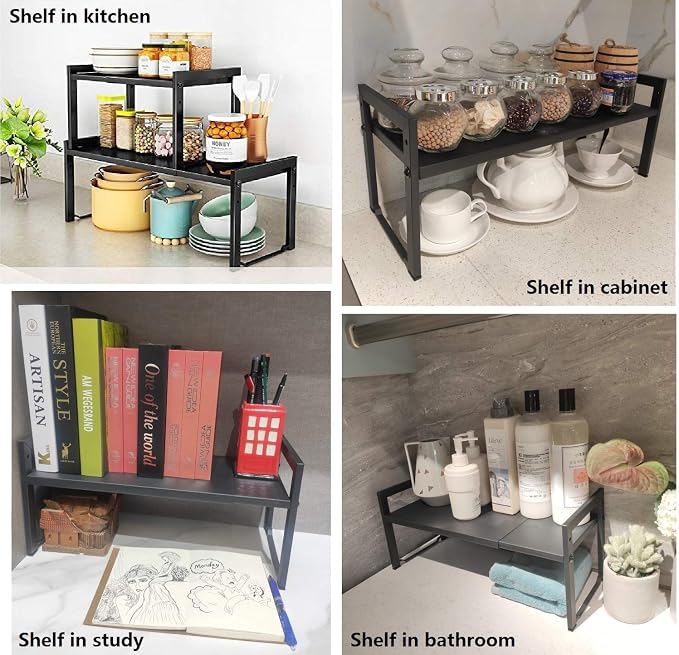 2 Pack Expandable Cabinet Shelf Organizer 16-26" L Stackable Kitchen Counter Shelves Rack Stand Sink Riser Countertop Storage Black (Normal 7.9”D) - Image 7