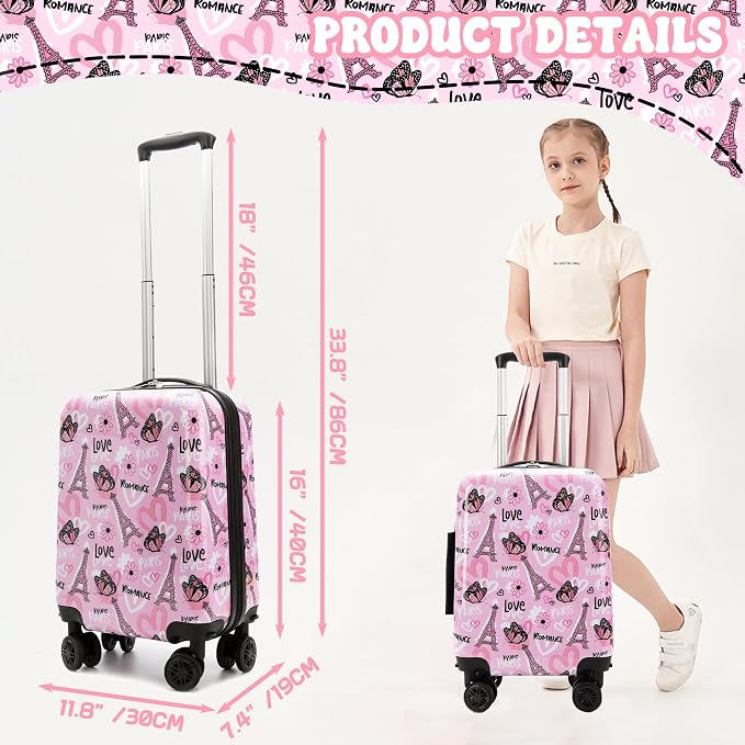 Kid's Luggage Set 5 Piece Suitcase Set 16" Hardside Luggage with Spinner Wheels Girls Carry on Toddler Travel Rolling Suitcase with Neck Pillow Airline Approved - Image 2