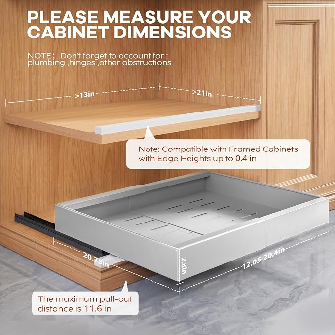 Seinloes 2 Pack Expandable Pull Out Cabinet Organizer 21"Deep With Raising Pad for Framed Cabinets,Upgrade 3 Slide Rails Slide Out Drawers,Roll Out Shelves Adhesive,Adjustable Width 12.05"-20.4"Silver - Image 4