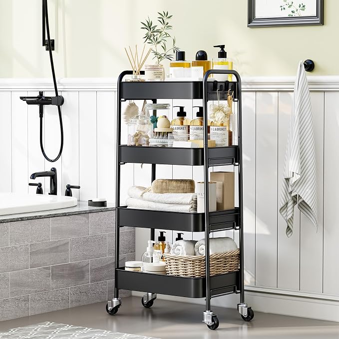 TOOLF 4 Tier Metal Rolling Cart, Utility Storage Cart with Wheels, Black | Screwless Assembly, Lockable Metal Wheels, Trolley Organizer for Bathroom, Kitchen, Office, Dorm, Laundry, Craft Room - Image 9