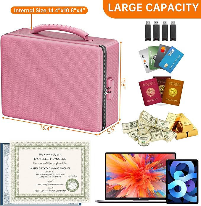 ENGPOW Fireproof Document Box with Lock & Heat-Resistant Fireproof Zipper | 6400°F 12-Layer Fire Protection, Hard File Organizer with Pockets, Portable Home Chest Safe Storage for Money,Jewelry, Pink - Image 4