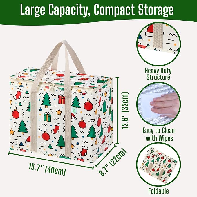 VENO 2 Pack Insulated Cooler Bag for Food Delivery, Reusable Grocery Bag | Heavy Duty Large Collapsible Cooler Shopping Tote w/ Zippers, Foldable, Stands Upright for Camping Picnic(Jingle Mix, 2 Pack) - Image 2