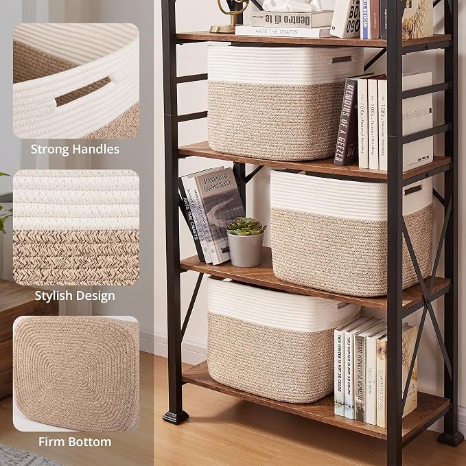 OIAHOMY 13 Inch Cube Storage Bins, 3-Pack Cotton Rope Woven Baskets for Organizing, Insert Storage Baskets for Shelves, Baby Nursery, Closet Organizer, 15 * 13 * 12.6IN, Brown & White - Image 3