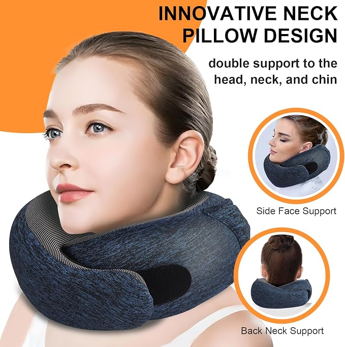 Travel Pillow - Hooded Neck Pillow Airplane Memory Foam Filling | for Plane, Office, Cars Sleeping, Road Trip, Long Flights Essentials, Includes Eye Mask & Earplugs (Midnight Blue) - Image 2