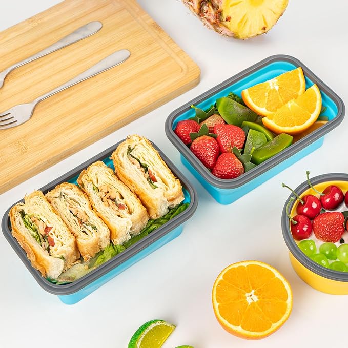 Collapsible Silicone Food Storage Containers Set with Lid & Air Vent,Foldable Lunch Containers(4PCS,Blue,27oz) - Image 4