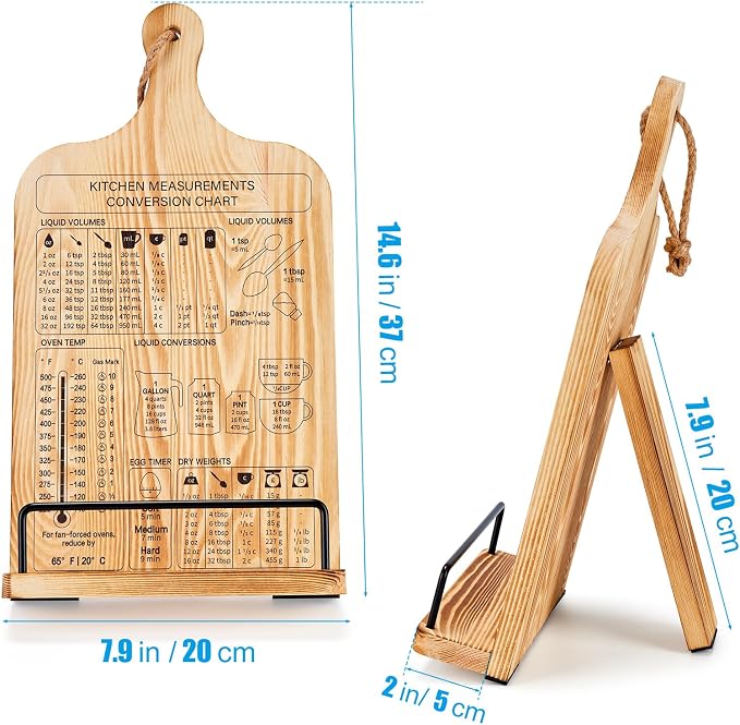 Housejoy Wooden Cookbook Stand for Kitchen: Adjustable Holder with 2 Aprons | Support Suspension&Foldable Easel Holder-Height Adjustable Stand-Measurement Conversion Chart-Ideal for Kitchen Counter - Image 2