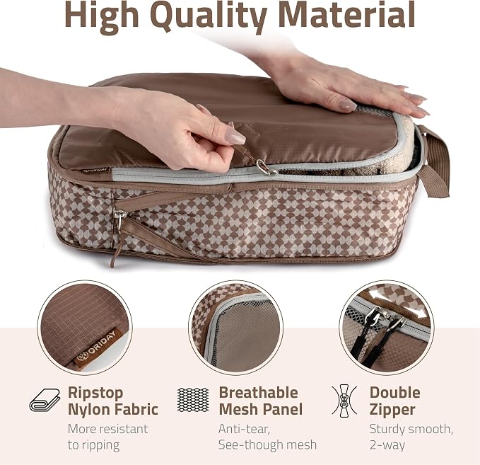 Oriday Set of 8 compression packing cubes for travel accessories- Expandable bags for clothing, toiletry, backpacks, organizing essentials (Beige) - Image 5