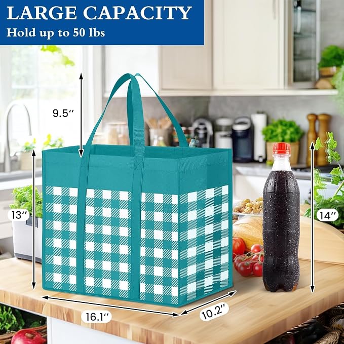 Reusable Grocery Shopping Bags 10 Pack Large Foldable Tote Bags Bulk | Eco Produce Bags with Long Handle for Shopping Groceries Clothes (Plaid B) - Image 4