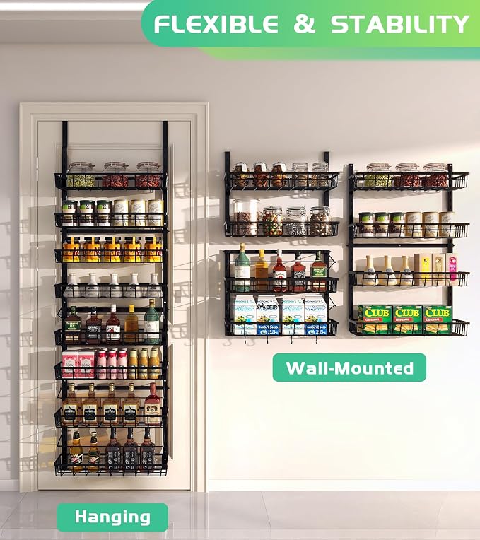 Mefirt Over The Door Pantry Organizer, Wall Mount Spice Rack 8-Tier Black | Pantry Hanging Storage and Organization, Adjustable Baskets Heavy-Duty Metal for Home & Kitchen, Back of Door Seasoning Rack - Image 4