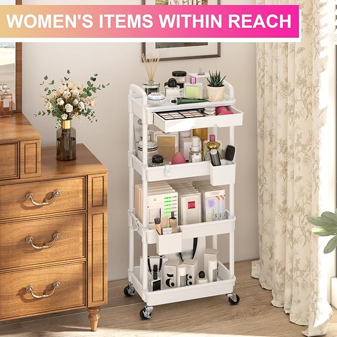Goovilla 4 Tier Rolling Utility Cart Organizer with Removable Drawer, White | Stable and Sturdy Rolling Storage Carts with 2 Lockable Wheels for Bathroom, Kitchen, Snack, Craft, Makeup, Baby Essentials - Image 5