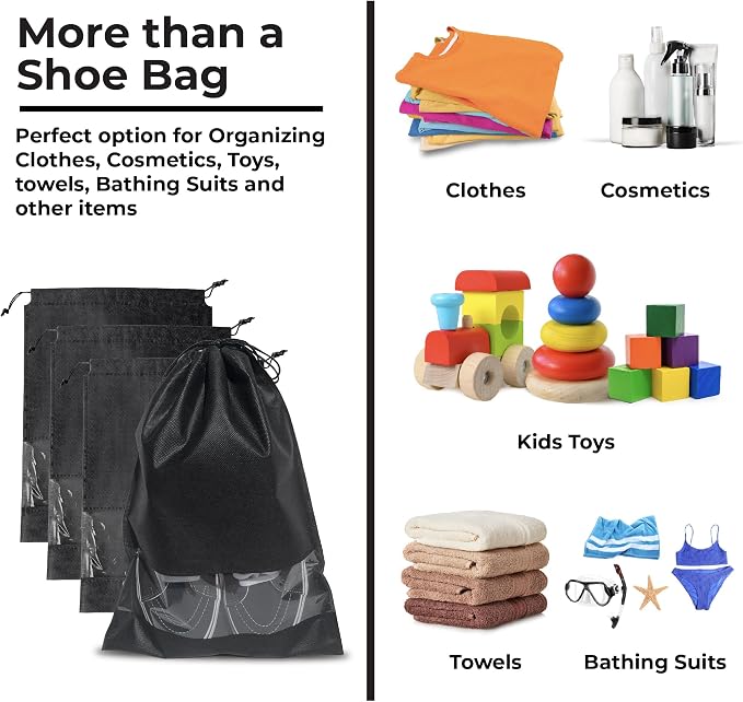 12 PCs Shoe Bags for Travel, Packing, Storage, Organizing & Suitcase. Reusable Dustproof & Water Resistant Sneakers Pouch Protectors with Clear Window & Drawstring. Laundry & Toys (Red + Blue + Black) - Image 3