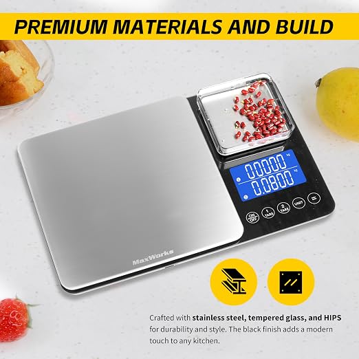 MaxWorks Precision Dual Platform Kitchen Scale Measure Bulk and Fine Ingredients Simultaneously 22 lb Max Capacity Stainless Steel and Glass Digital Scale with USB Charging and 2 Way Power (51069) - Image 5
