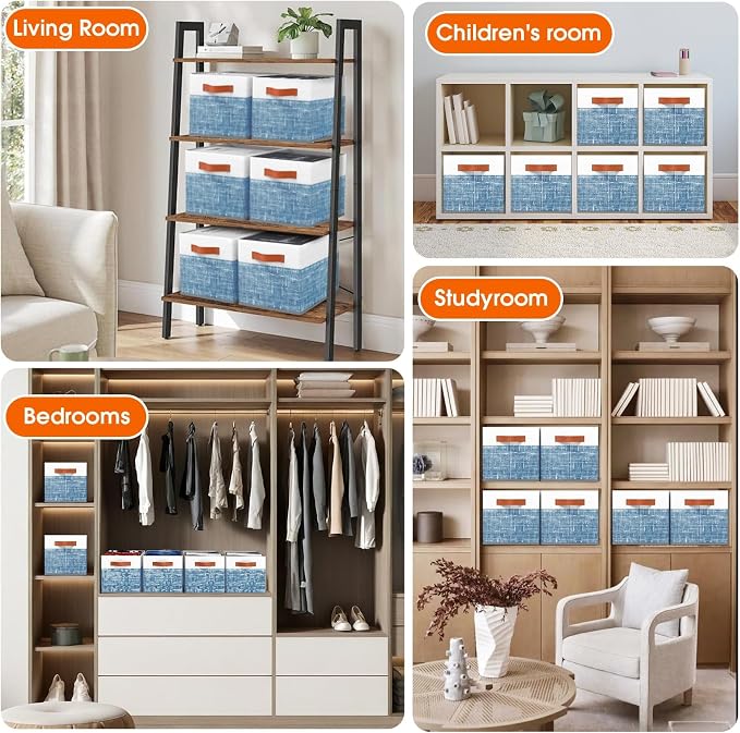Collapsible Storage Baskets for Shelves,14"x10", 6 Pack Foldable Fabric Storage Bins with Double Leather Handles, Large Baskets for Organizing Books, Clothes, White & Blue - Image 7